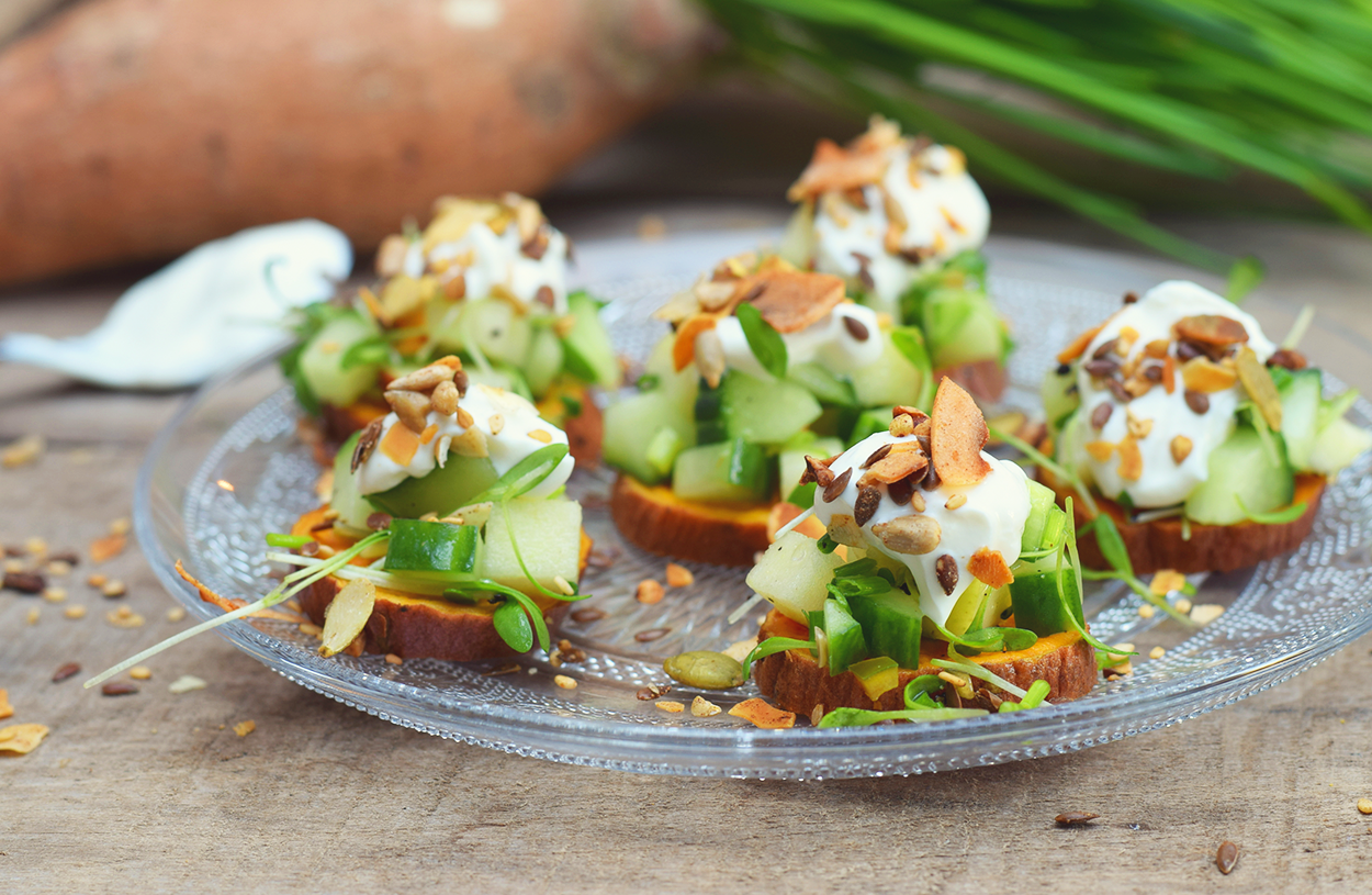 Sweet potato with fresh cucumber salad and XAVIES' Toasted Pure Nuts & Seeds - XAVIES’