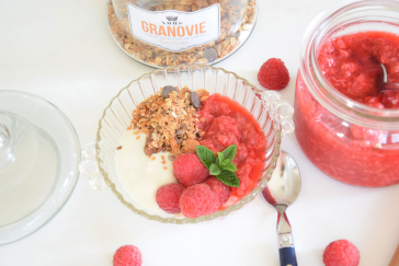 XAVIES' Granola breakfast with rhubarb raspberry compote